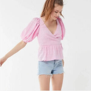 Urban Outfitters Pink Puff Sleeve Wrap Top- Size M